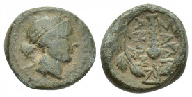 Lydia, Sardes Æ 15mm. Circa 133 BC-AD 1. 3.7g 14mm Laureate head of Apollo to right / Club; ΣΑΡΔΙ-ΑΝΩΝ across fields, ΔΓ monogram below; all within la...