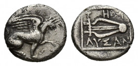 Greek Ionia. Teos circa 320-294 BC. Lysan (ΛΥΣΑΝ), magistrate Diobol AR 10.1 mm, 1g Griffin seated right / THI ΛΥΣΑΝ, lyre within square linear frame....
