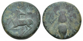 IONIA. Ephesus. 4th-3rd Centuries BC. AE (17.4mm, 5.8 g). Bee with straight wings, seen from above / Forepart of stag kneeling right, head reverted.