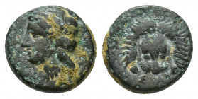 Ionia. Samos AE, head of Hera / facing scalp of lion, AE 11mm 1.7 g), c. 380-350 BC. Obv. Head of Hera wearing stephane left. Rev. Facing scalp of lio...