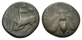 IONIA. Ephesus. 4th-3rd Centuries BC. AE (12.2mm, 1.5 g). Bee with straight wings, seen from above / Forepart of stag kneeling right, head reverted.