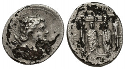 Roman Republic C. Egnatius Cn. F. Cn. N. Maxsumus AR Denarius. Rome, 76 BC. 2.8g 18.1mm Bust of Cupid right, with bow and quiver over shoulder; behind...