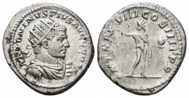 Caracalla AD 211-217. Rome Antoninian AR 22.1mm., 4.9g. ANTONINVS PIVS AVG GERM, radiate and draped bust right / PM TRP XVIIII COS IIII PP, Sol standi...