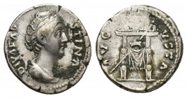 Diva Faustina I (wife of A. Pius) AR Denarius. Rome, AD 141-161. 3.6g 18mm DIVA FAVSTINA, draped bust to right / AVGVSTA, throne with wreath placed on...