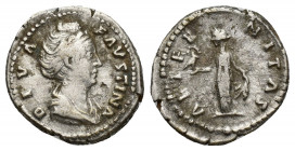 Diva Faustina I AR Denarius. Rome, AD 146-161. 3.3g 18mm DIVA FVSTINA, draped bust right, hair coiled on top of head / AETERNITAS, Aeternitas standing...