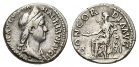 SABINA (Augusta, 128-136/7). Denarius. Rome. 3.8 g 16.6 mm Obv: SABINA AVGVSTA HADRIANI AVG P P. Draped bust right. Rev: CONCORDIA AVG. Concordia seat...
