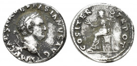 Vespasian; 69-79 AD, Rome, 70 AD, Denarius, 3.3g 17.5mm. Obv: [I]MP CAESAR VESPASIANVS AVG Head laureate r. Rx: COS ITER - TR POT Pax seated l. holdin...