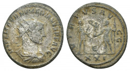 Numerian. Antoninianus; Numerian; 283-284 AD, Antioch, Antoninianus, 3.3g. 21.6mm Obv: IMP C M AVR NUMERIANVS P F AVG Bust radiate, draped, cuirassed ...