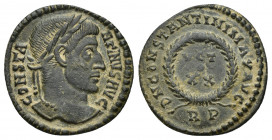 Constantine I Æ Nummus. Rome, AD 322. 2.2g 20mm CONSTANTINVS AVG Laureate head right / D N CONSTANTIN MAX AVG, wreath enclosing VOT • XX; RP in exergu...