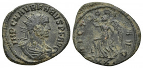 Carus AD 282-283. Ticinum Antoninianus Æ 22.4 mm., 3.5 g. IMP C M AVR KARV[S P F A]VG, radiate and draped bust right / VICTORIA AVG/ P XXI, Victory ad...