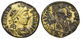 Valens (364-378). Fourrèe Solidus (20.3mm, 2.6g). Antioch, 366-7. Pearl-diademed, draped and cuirassed bust r. R/ Valens standing facing, head r., hol...
