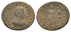 Crispus, as Caesar, Ӕ Nummus. Trier, AD 317-318. 3.1g 18.4mm FL IVL CRISPVS NOB CAES, laureate, draped and cuirassed bust right / PRINCIPI IVVENTVTIS,...