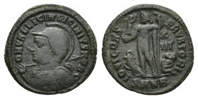Licinius II, 317 - 324 AD AE Follis, Nicomedia Mint, 19mm, 2.5 grams Obverse: D N VAL LICIN LICINIVS NOB CAES, Helmeted and cuirassed bust of Licinius...