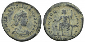 Valentinian I Æ Nummus. Cyzicus, AD 378-383. 2.1g 18.7mm D N VALENTINIANVS P F AVG, diademed, draped and cuirassed bust right / CONCORDIA AVGGG, Roma,...