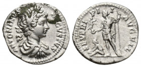 Caracalla as Augustus (AD 198-217). Silver denarius (3.5 g 17.6mm). Laodicea, ca. 200-201. ANTONINVS — AVGVSTVS, laureate, draped, cuirassed bust righ...