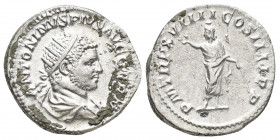 Caracalla AD 211-217. Rome Antoninian AR 21.3mm., 5,5g. ANTONINVS PIVS AVG GERM, radiate and draped bust right / PM TRP XVIIII COS IIII PP, Sol standi...
