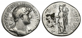 HADRIAN (117-138). Denarius. Rome. 3.1g 17mm Obv: IMP CAESAR TRAIAN HADRIANVS AVG. Laureate, draped bust right. Rev: P M TR P COS III. Aequitas standi...