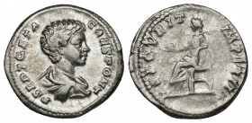 Geta AD 198-211. Struck under Septimius Severus, AD 200-202. Rome Denarius AR 18.7mm., 3,1g. P SEPT GETA CAES PONT, bare headed, draped bust of Geta t...