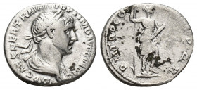 TRAJAN. 98-117 AD. AR Denarius (3.4g. 16.8mm). Struck circa 115-116 AD. IMP CAES NER TRAIANO OPTIMO AVG GER DAC, laureate, draped, and cuirassed bust ...