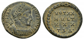 Constantine I Æ Nummus. Thessalonica, AD 318-319. 3.7g 16.6mm CONSTANTINVS AVG, laureate and cuirassed bust right / VOT/XX/MVLT/XXX/TS Δ within wreath...