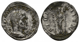 Maximinus I Thrax AD 235-238. Rome Denarius AR 19.8 mm., 3.4 g. MAXIMINVS PIVS AVG GERM, laureate, draped and cuirassed bust right / FIDES MILITVM, Fi...