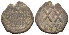 Phocas (602-610). Æ 20 Nummi (21.7mm, 5.2g). Cyzicus, 602/3. Full-length figures of Phocas and Leontia standing facing, holding globus cruciger and cr...