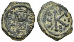Maurice Tiberius. 582-602. Æ half follis (22.5 mm, 6.8 g). Thessalonica mint, year 2 = 583/584. D N MAVR TIBER PP AV, helmeted and cuirassed bust faci...