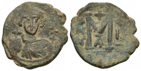 Justinian II Æ Nummus. Constantinople, dated RY 1 = AD 685/6. 7.7g 25.3mm IЧSƮINIANЧS P, bust facing, with short beard, wearing crown and chlamys, hol...