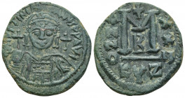Justinian I (AD 527-565), Follis, 17.1g 32.8mm Cyzicus, bust of emperor facing, holding globus cruciger, rev large M flanked by ANNO – XX, officinal B...