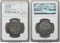 Peter I Poltina (1/2 Rouble) 1710 VF Details (Scratches) NGC, Kadashevsky mint, KM-A129, Bit-577 (R1). Portrait of 1707, with date. Well struck for th...