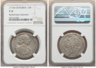 Peter I Poltina (1/2 Rouble) 1718-OK F12 NGC, Red mint, KM156, Bit-1015 (R). Clasp on mantle with engraver's mark "OK." Large head with Slavonic date....