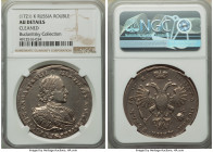Peter I Rouble 1721-K AU Details (Cleaned) NGC, Kadashevsky mint, KM157.5, Bit-481. Portrait with shoulder straps, Slavonic date. Large rosette above ...