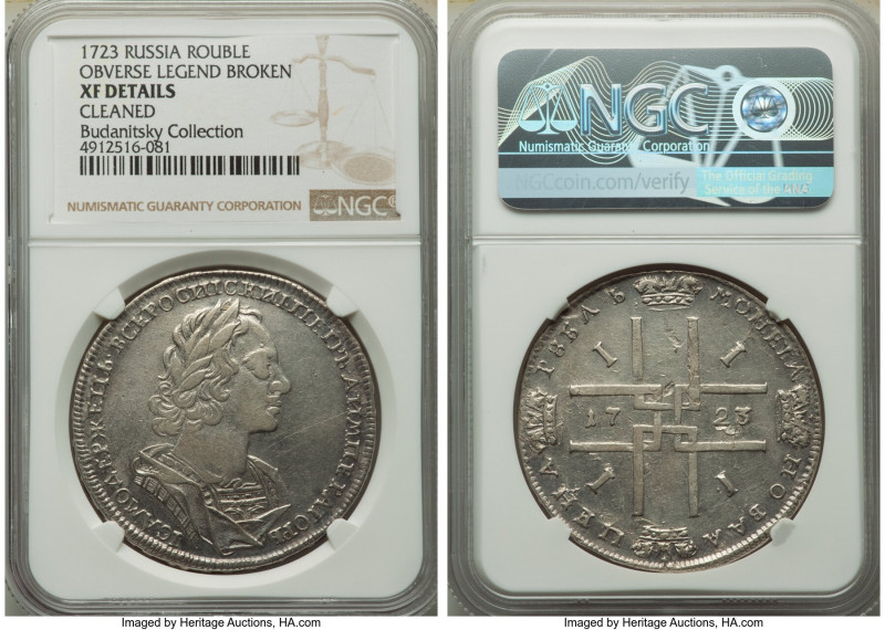 Peter I Rouble 1723 XF Details (Cleaned) NGC, Red mint, KM162.2, Bit-900. Portra...