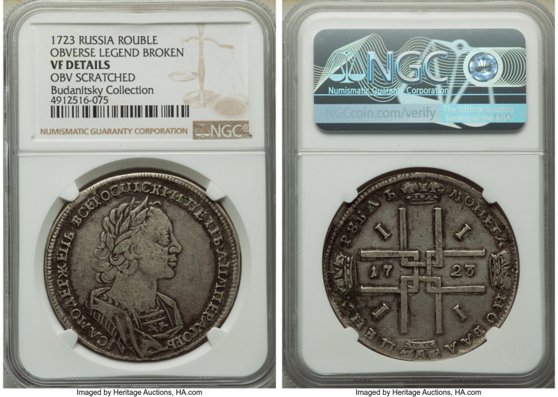 Peter I Rouble 1723 VF Details (Obverse Scratched) NGC, Red mint, KM162.2, Bit-9...