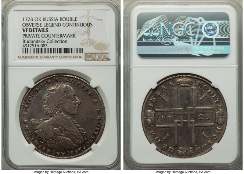 Peter I Rouble 1723-OK VF Details (Private Countermark) NGC, Red mint, KM162.3, ...