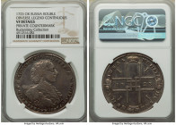 Peter I Rouble 1723-OK VF Details (Private Countermark) NGC, Red mint, KM162.3, Bit-860. Portrait with ermine armor. Rosette above head. Small St. And...