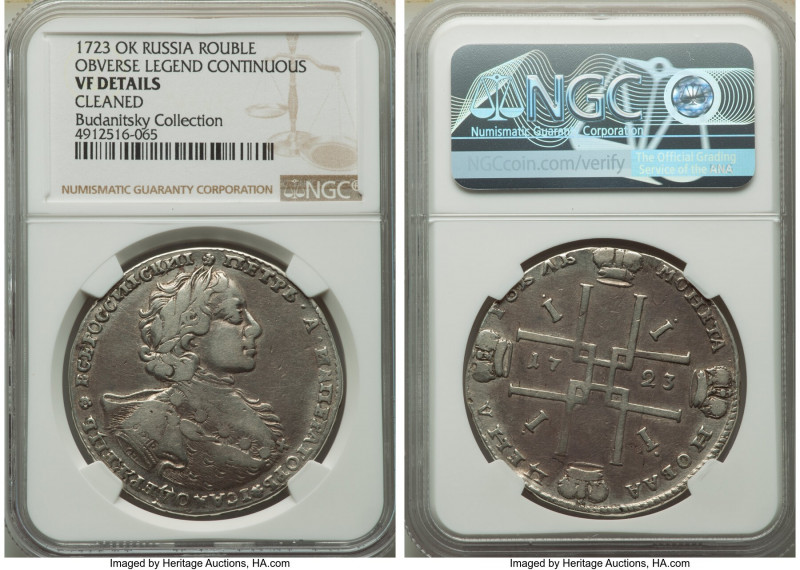 Peter I Rouble 1723-OK VF Details (Cleaned) NGC, Red mint, KM162.3, Bit-866. Por...