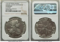 Peter I Rouble 1723-OK VF Details (Cleaned) NGC, Red mint, KM162.3, Bit-866. Portrait with ermine mantle. Large rosette above head, with small St. And...