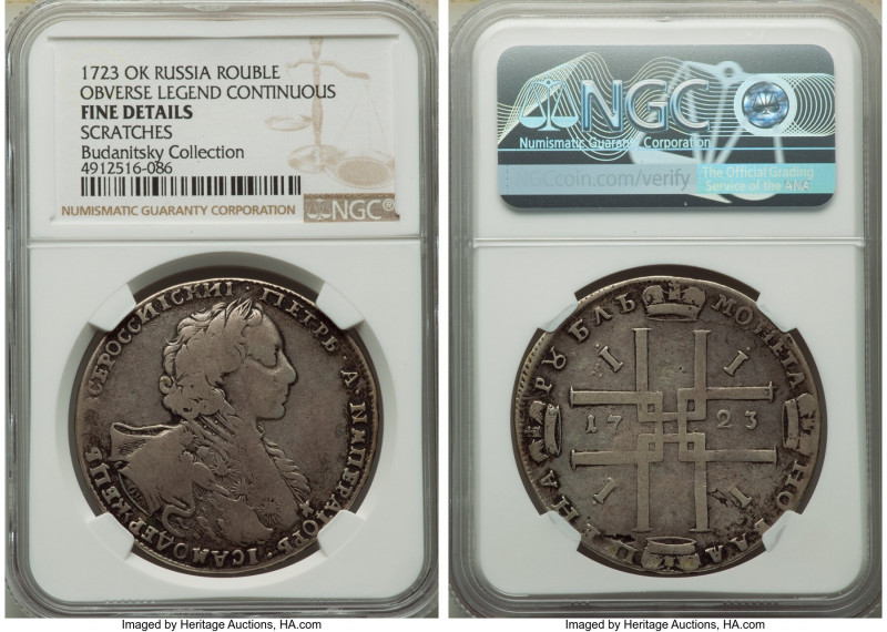 Peter I Rouble 1723-OK Fine Details (Scratches) NGC, Red mint, KM162.3, Bit-842....
