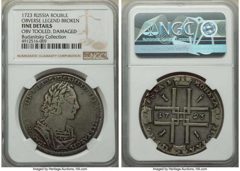 Peter I Rouble 1723 Fine Details (Obverse Tooled, Damaged) NGC, Red mint, KM162....