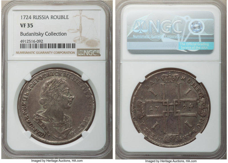 Peter I Rouble 1724 VF35 NGC, Red mint, KM162.4, Bit-949. Portrait in ancient ar...