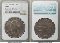 Peter I Rouble 1724 VF35 NGC, Red mint, KM162.4, Bit-949. Portrait in ancient armor breaks legend. No dots over "I's" on reverse. Elongated "4" in dat...