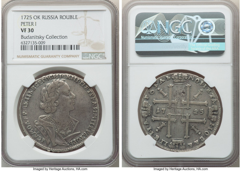 Peter I Rouble 1725-OK VF30 NGC, Red mint, KM162.6, Bit-986 (R). Portrait in anc...