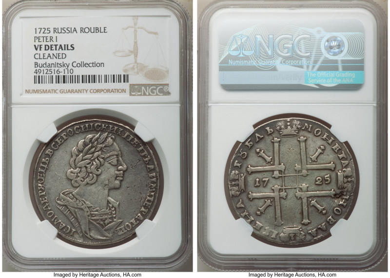 Peter I Rouble 1725 VF Details (Cleaned) NGC, Red mint, KM162.5, Bit-963. Portra...
