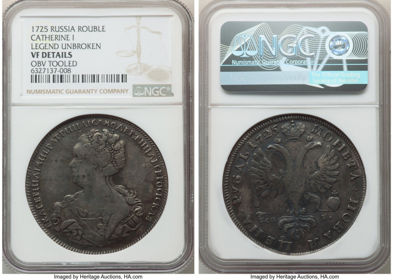 Catherine I Rouble 1725 VF Details (Obverse Tooled) NGC, St. Petersburg mint, KM...