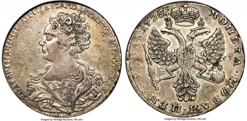 Catherine I Rouble 1726 XF45 NGC, Red mint, KM168, Bit-20. 10 feathers in eagle'...