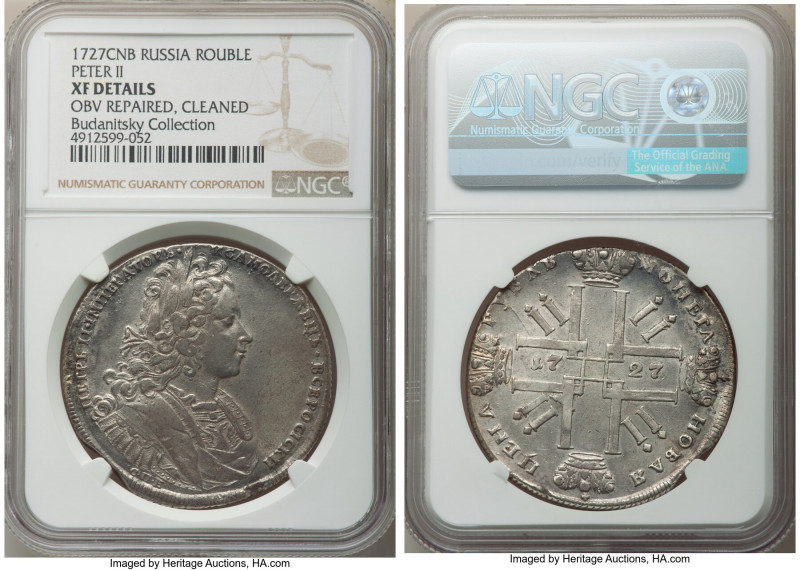 Peter II Rouble 1727-CПБ XF Details (Obverse Repaired, Cleaned) NGC, St. Petersb...