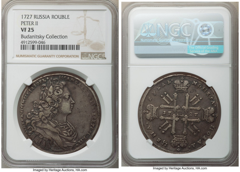 Peter II Rouble 1727 VF25 NGC, Red mint, KM182.1, Bit-23. Stars in legends, with...