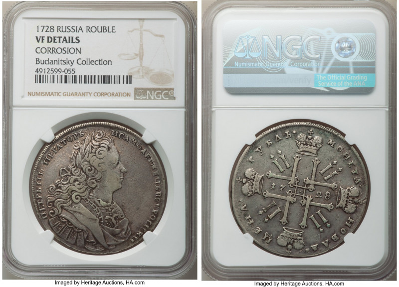 Peter II Rouble 1728 VF Details (Corrosion) NGC, Kadashevsky mint, KM182.2, Bit-...
