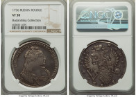 Anna Rouble 1736 VF30 NGC, Kadashevsky mint, KM198, Bit-128. Three pearl pendant on bosom. No ribbons on left sleeve. Some softness in the obverse leg...
